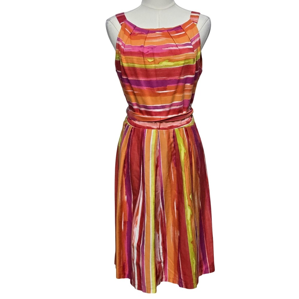 R&K Dress Womens 12 Multicolor Stripe Sleeveless‎ Fit Flare Summer Belted
